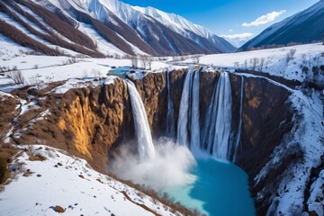 Wall Mural - arafed waterfall in the middle of a snowy mountain with a blue pool