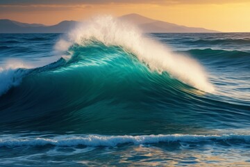 Wall Mural - surfer riding a wave in the ocean at sunset with mountains in the background