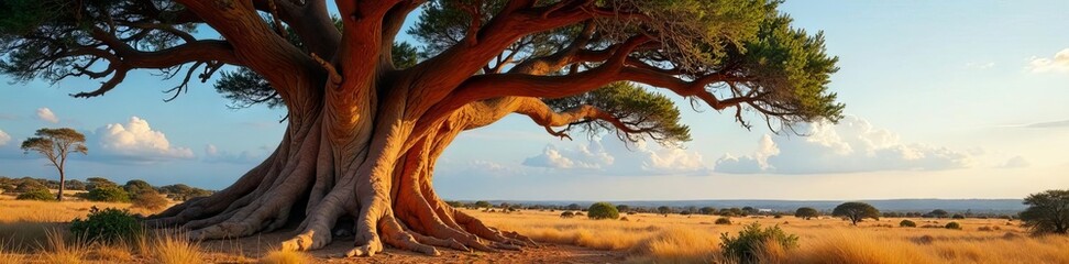 Ancient baobab tree trunk, massive branches revealed by tilt , texture, panorama
