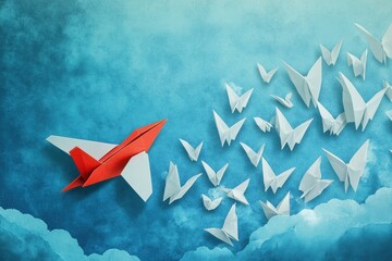 Aufkleber - Red and white airplane leads a formation of smaller paper planes in a bright blue sky showcasing leadership and direction. Generative AI