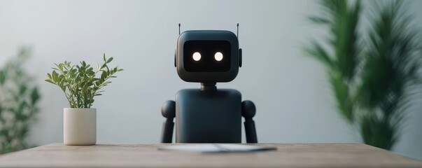 Poster - Innovative robot assistant modern office digital technology minimalist environment front view future concept