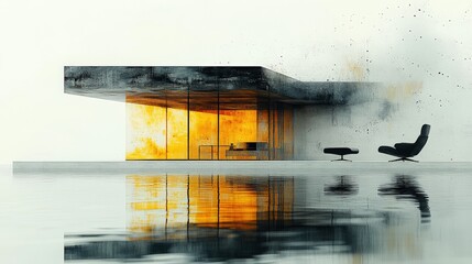 Wall Mural - Modern architectural structure reflecting on water with an explosion backdrop in a serene setting