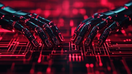 Poster - Robotic interaction with digital circuitry futuristic laboratory technology imagery high-tech environment close-up view