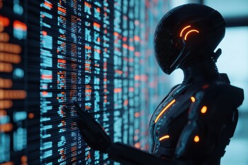 Poster - Futuristic robot interaction with data digital lab 3d visualization high-tech environment close-up view ai concept