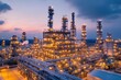© EUT - Night view of illuminated oil refinery. Illustrates industrial processes and energy production.