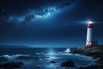 Wall Mural - starry night sky with a lighthouse and a bright light