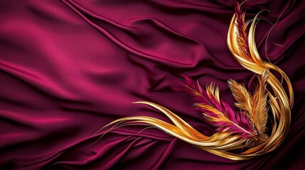 Poster - Dynamic kanok pleaw motif of flowing golden feathers on rich burgundy fabric artistic close-up luxurious elegance