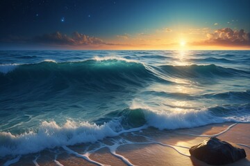 Wall Mural - sunset over the ocean with waves crashing on the beach