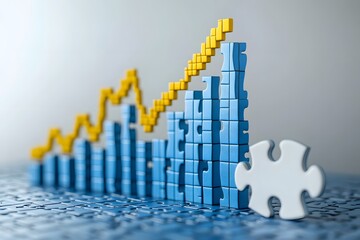 Poster - 3D graphic of growing graph with missing pieces and puzzle,  office setting
