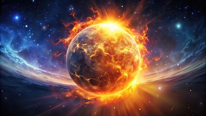 Wall Mural - a fiery sphere ascends into the sky amidst a starry, celestial backdrop, with vibrant flames and spa