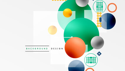 Poster - Minimalistic abstract vector design, layered geometric shapes circles, squares, and triangles with soft pastel gradients and semi-transparent effects. Perfect for contemporary use