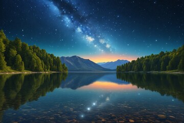 Wall Mural - starry night sky over a lake with trees and rocks