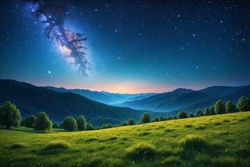 Wall Mural - starry night sky with a mountain range and a field of grass