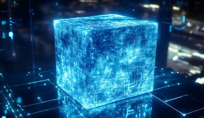 Aufkleber - Glowing Blue Cube, Futuristic Circuit Board, City Lights Background.  Possible Use Technology Concept