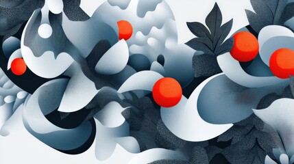 Poster - abstract design featuring blue and white shapes with vibrant red circles and dark foliage
