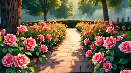 Poster - A beautiful garden with a brick path lined with pink flowers. The flowers are in full bloom and the path is well-maintained. The garden is a peaceful and serene place to relax