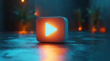 Aufkleber - Glowing play button icon in a dimly lit room with plants, warm ambiance. Digital media and entertainment concept.