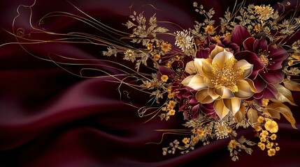 Poster - Elegant thai poom dok pikul floral design on rich burgundy fabric textile art contemporary style close-up view