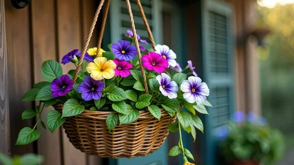 Poster - A basket with flowers hanging from a wooden beam. The flowers are purple, yellow, and pink