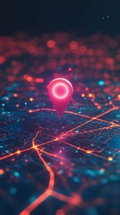 Poster - Futuristic digital map with glowing neon red location pin over city grid at night. Technology and navigation concept