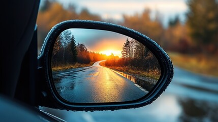 Poster - Essential rearview mirror car, clear road reflection automobile side, precise glass behind visibility transport, driving safety modern, vehicle highway path, 8k image