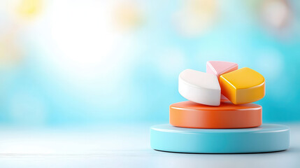 Aufkleber - colorful 3D abstract infographic pie chart with five interconnected segments is displayed against blurred blue background, creating modern and dynamic visual effect