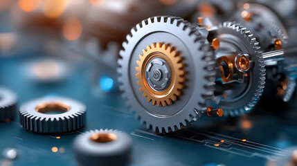 Poster - Futuristic gears interlocking with precision, showcasing advanced engineering and technology. metallic components reflect innovation and mechanical design in high tech environment