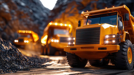 Poster - futuristic mining operation with AI controlled machinery showcases advanced technology in rugged landscape, featuring large autonomous trucks transporting materials efficiently