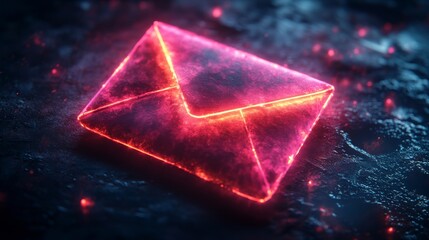 Poster - Neon glowing envelope on dark textured surface, futuristic communication symbol. Digital letter and technology concept