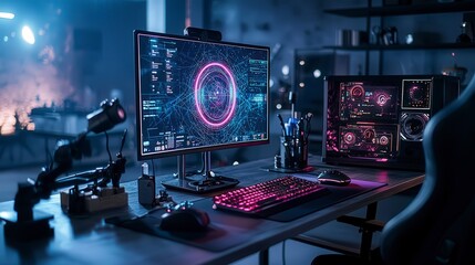 Fototapete - Futuristic virtual reality gaming setup home office tech environment holographic glow immersive experience