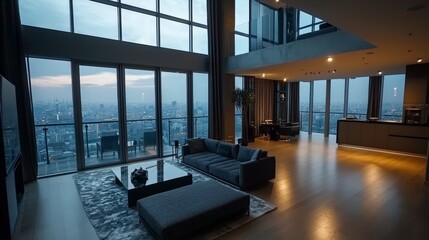 Aufkleber - Sleek modern urban apartment with panoramic city view high-rise location interior photography evening ambiance