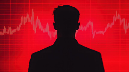 Poster - image features silhouette of person against red background with fluctuating graph, suggesting themes of finance or data analysis