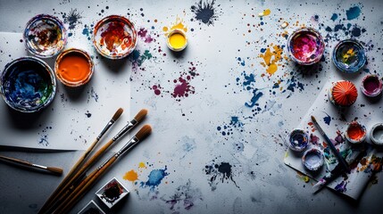 Poster - Creative watercolor artist workspace topdown view colorful palette artistic environment vibrant studio concept