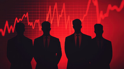 Poster - Businessmen silhouettes against red background with rising graph, symbolizing growth and success
