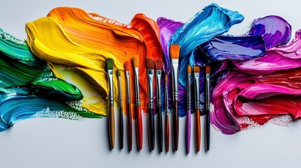 Aufkleber - Vibrant paintbrush strokes creating colorful art studio artistic display creative space overhead view visual inspiration