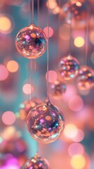 Poster - Hanging glass orbs with colorful bokeh lights in background, abstract festive decoration. Magical winter holiday atmosphere concept
