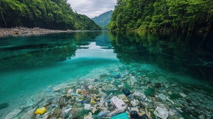 Aufkleber - Comparison of polluted river with trash and crystal clear stream showcasing environmental conditions and awareness. Generative AI