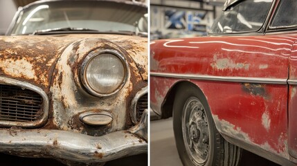 Poster - Classic car transformation showing a dramatic restoration effort with side by side comparison of condition. Generative AI