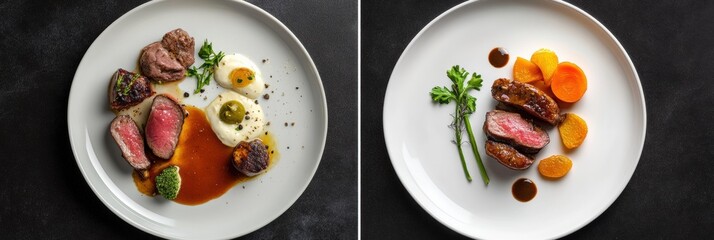Aufkleber - Unique gourmet dish showcasing tender meat, seasonal vegetables, and rich sauces on elegant plates. Generative AI
