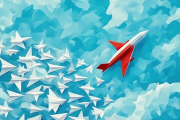 Aufkleber - Red and white airplane leads formation of smaller paper planes in bright blue sky showcasing leadership and direction. Generative AI