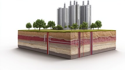 Poster - 3D illustration of urban underground infrastructure with buildings above and utilities below ground