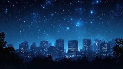Aufkleber - City skyline illuminated by artificial light under a starry night sky with a hint of nature in the foreground. Generative AI