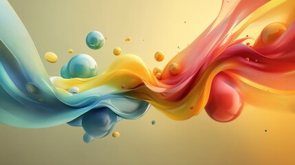 Poster - Intertwined colorful waves and floating spheres on a gradient background, abstract art. Creative digital illustration and modern artistic expression concept