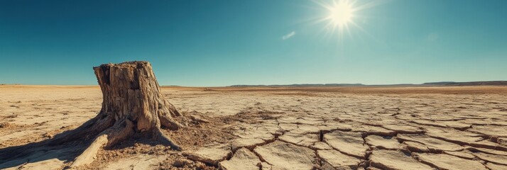 Wall Mural - Dry desert landscape features cracked earth and lone tree stump under bright sunlight and clear sky. Generative AI