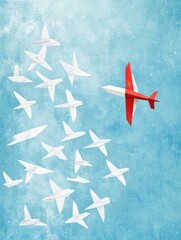 Aufkleber - Red and white airplane leads a formation of paper planes in a bright blue sky symbolizing guidance and teamwork. Generative AI