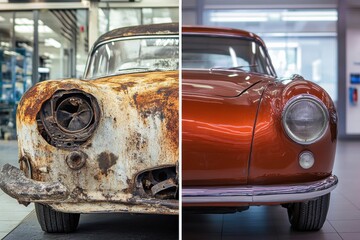 Poster - Classic car restoration transformation showing rusty worn side and polished shiny side in a workshop. Generative AI