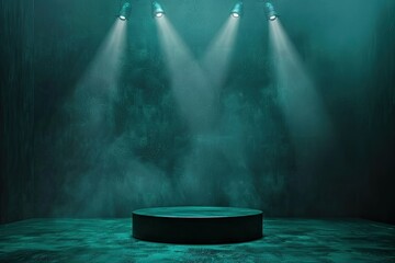 High Resolution Visual of Dark Green Podium Stage Illuminated by Spotlights
