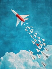 Aufkleber - Red and white airplane leads formation of smaller paper planes in blue sky highlighting inspiration and ambition. Generative AI