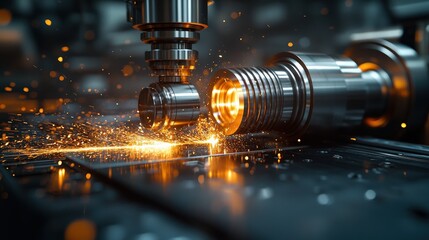 Canvas Print - Close-up of precision machining process with sparks flying in a high-tech workshop setting