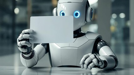 Poster - Robot analyzing document in futuristic office setting with laser focus
